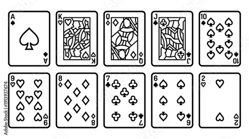 Set of ten playing cards illustrated in a minimalist black and white line art style, showing various suits and values including ace, king, queen, and jack