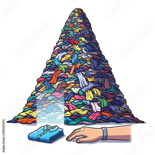Laundry Mountain Chaos: Giant Pile of Dirty Clothes vs. Neatly Folded Shirt. Fast Fashion and Organization Concept Illustration.