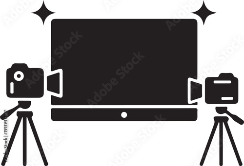 Filming a presentation or event with professional video cameras capturing content on a large screen