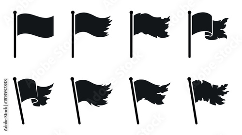 Set of eight black flag icons on flagpoles showing a progression from a new waving banner to a completely tattered, ripped, and weathered symbol