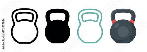 Collection of kettlebell sport equipment icons showing four different design variations: a black outline, a silhouette, a gradient line, and a flat colorful illustration