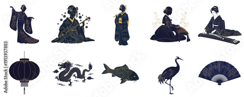 Set,Japanese and Korean culture illustrations for cultural events, education, and decor,for prints, fabrics, mugs, cards and eco-friendly design