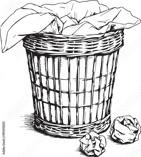 Wastebasket illustration with crumpled paper office creativity discarded ideas failure attempt symbol vector design