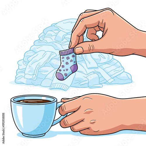 Laundry day routine illustration: Hand holding a tiny lost baby sock over a massive pile of clothes, enjoying a moment with a cup of coffee.