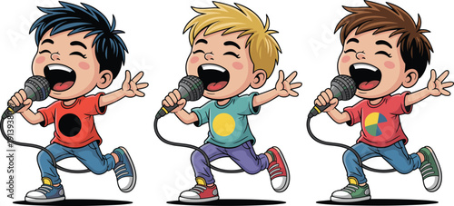 Happy cartoon boy singing with microphone, cute child performer running and dancing isolated for music poster design