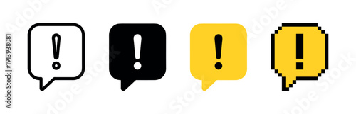 Set of four exclamation mark icons in speech bubbles showing different graphic styles including line art, solid black, flat yellow, and a pixel art design for notifications