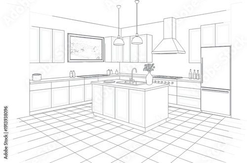 Modern kitchen interior design sketch with island counter, cabinets, pendant lights, and appliances in outline vector style
