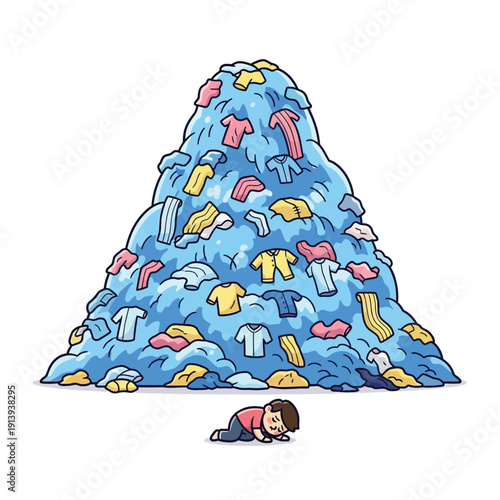 Huge Laundry Mountain Overwhelming Small Person: Cartoon Illustration of Chore Burden, Mess, and Exhaustion.