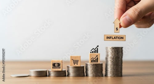 Hand placing 'INFLATION' block on a growing stack of coins, illustrating rising economic costs and market trends impacting financial stability and consumer spending