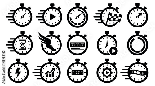 Set of black stopwatch and timer icons representing speed, deadlines, and progress in a minimalist flat vector style for business and sports concepts