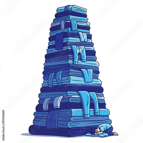 Overwhelmed person asleep next to a towering stack of blue folded laundry. Exhaustion, huge burden of housework, domestic chores stress vector illustration.