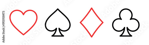 Four playing card suit symbols in a row, featuring red hearts and diamonds alongside black spades and clubs in a simple, minimalist outline vector illustration style