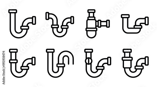 Plumbing pipe icons set with various sink traps and siphons for drainage systems, a collection of minimalist black line art illustrations for plumbing and sanitation concepts