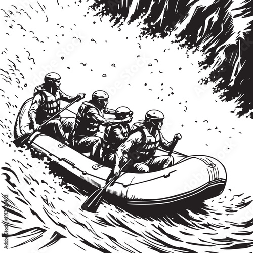White‑water rafting adventure illustration with four people paddling raft helmets life vests turbulent river rapids teamwork outdoor sports vector design