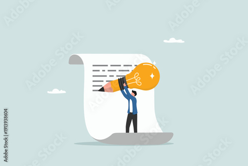 Copywriter or blogger, creative idea and inspiration to begin writing, imagination to success in work, talent and skill concept, smart young man using big pencil with lightbulb idea writing on paper.