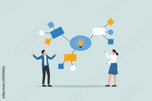 Mind map diagram for idea research, plan or thinking for solution to solve problem, visualization or prioritize, decision making concept, businesspeople writing mind map diagram for easy understand.
