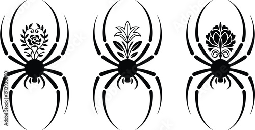 Botanical spider silhouettes set with floral motifs, decorative tattoo symbols isolated on white background vector illustration