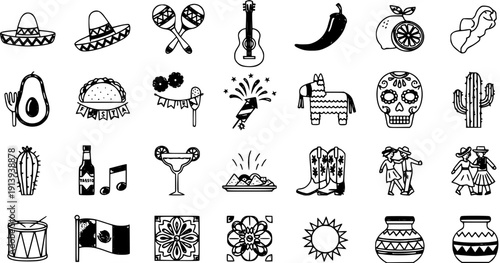 Mexican Fiesta Icons: Sombrero, Maracas, Guitar, Taco, Chili, Cactus, Skull, Cowboys Boots, Sun, Fiesta, Day of the Dead, Cultural Symbols, Line Art