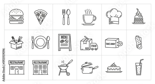 Food and Restaurant Line Icons Set – Menu, Cooking and Dining Outline Vector