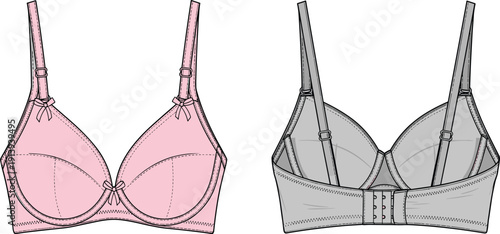 Women bra technical flat sketch, front back view, lingerie fashion CAD vector, adjustable strap underwear template, outline garment illustration