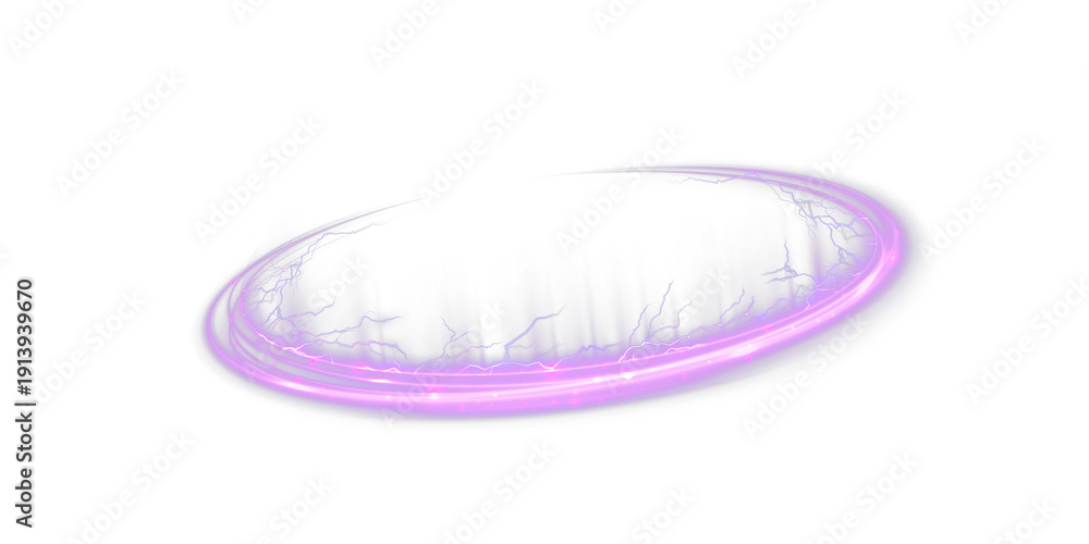 Obraz premium A glowing purple portal ring with a soft haze and energy lines, a tilted elliptical light effect, isolated on a transparent PNG background.