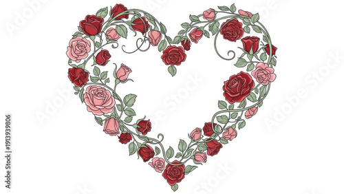 Intertwined floral heart made from roses and greenery, a romantic garden motif.