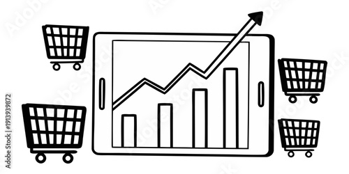 Online Shopping Growth Visualization with Smartphone and Floating Shopping Cart Icons