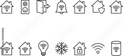 Smart home technology icons including Wi‑Fi houses, speakers, doors, lights, climate control, padlock security, and notifications representing automation, 