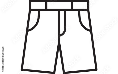 Shorts icon in bold black outline, minimalist line art clothing symbol for summer wear, fashion app UI, wardrobe label, and retail signage on white background