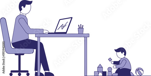 Father working from home with child playing nearby in modern workspace