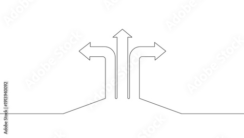 Continuous line three arrows pointing different directions at crossroads concept, minimal editable vector illustration isolated on white background.