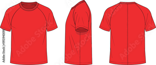 Men red t shirt technical flat sketch, front side back view, raglan sleeve fashion CAD vector, sports apparel illustration