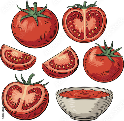Hand drawn fresh red tomato set, botanical ink illustration with whole sliced tomatoes and tomato sauce bowl