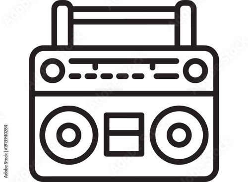 Boombox line icon in black outline style, portable radio cassette player symbol isolated on white background, retro music audio equipment vector illustration