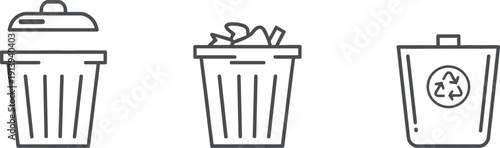 Waste bin icon set with trash and recycling symbols, garbage disposal illustration, environmental awareness artwork, vector design, editable, isolated eco graphic
