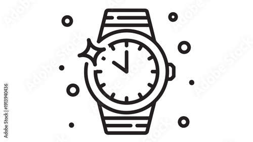 Wristwatch line icon with sparkle and dots, minimalist timepiece symbol for time management, punctuality, schedule, deadline, productivity, and reminder apps