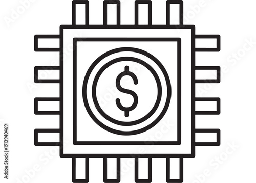Microchip with dollar coin icon symbolizing fintech, digital payments, banking technology, and automated financial processing in a simple outline vector style