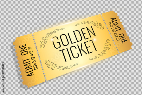 Golden ticket design on checkered background. Festival, premiere events, luxury and VIP invitation concept. Vector illustration