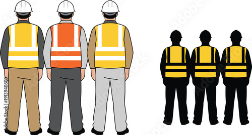 Construction workers depicted in color and silhouette viewed from the back