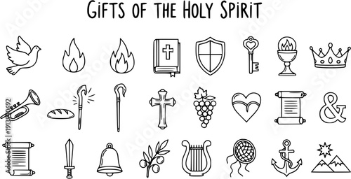 Black and White Line Art Icons Set representing Christian Gifts of the Holy Spirit, Biblical symbols, and Religious Concepts in a doodle style vector illustration.