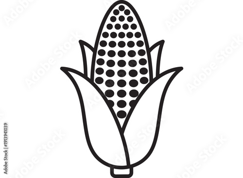 Corn cob icon in black outline with kernels and husk, simple maize symbol isolated on white background for agriculture, food, harvest, and farm logos featuring sweetcorn, vegetable, produce with