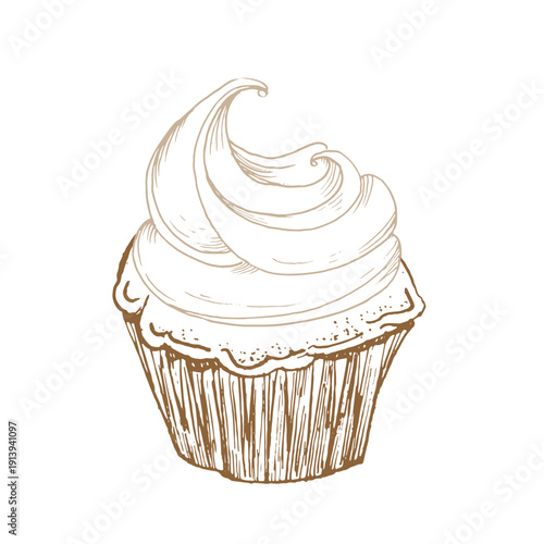 Muffin hand-drawn vector illustration. Sketch of a cupcake. Isolated object, element for label design, menus, recipes, bakery, and coffee shop.