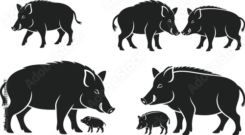 Wild boar silhouette set with adult and offspring, animal wildlife illustration, forest creature artwork, vector design, editable, isolated nature graphic