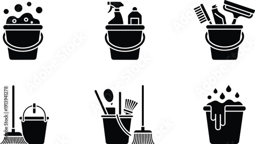 Cleaning bucket icon set, household hygiene tools, mop broom spray bottle, vector silhouette symbols, janitorial service graphics, black pictogram collection