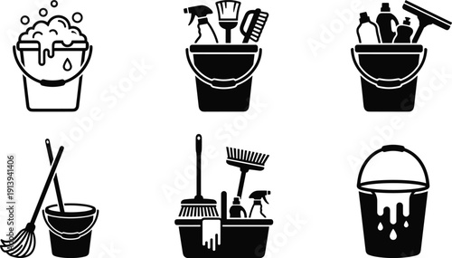 Cleaning bucket icon collection, household sanitation tools, mop broom spray bottles, vector silhouettes, janitorial equipment symbols, black pictogram set