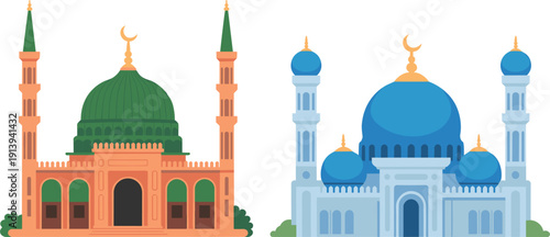 Traditional Islamic mosque buildings vector illustration set, colorful masjid architectures with domes and minarets for religious holiday design