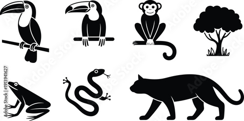 Rainforest animal silhouette set with toucan, monkey, frog, snake, jaguar, and tree illustration, vector design, editable, isolated wildlife graphic