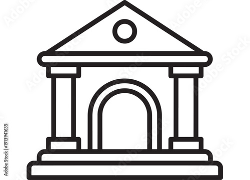 Bank building icon in black outline style, classical courthouse facade with columns and arch entrance, minimal vector symbol for finance, money, institution apps