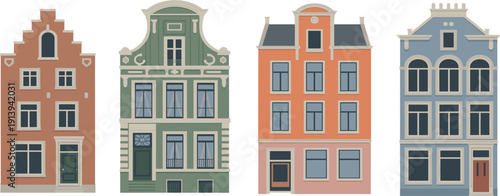 Traditional Dutch house architectures vector illustration set, colorful European canal buildings with classic gable roofs for city design