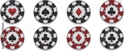 Poker chip icon set with card suit symbols, casino gambling illustration, vector artwork, editable, isolated graphic design for gaming concepts